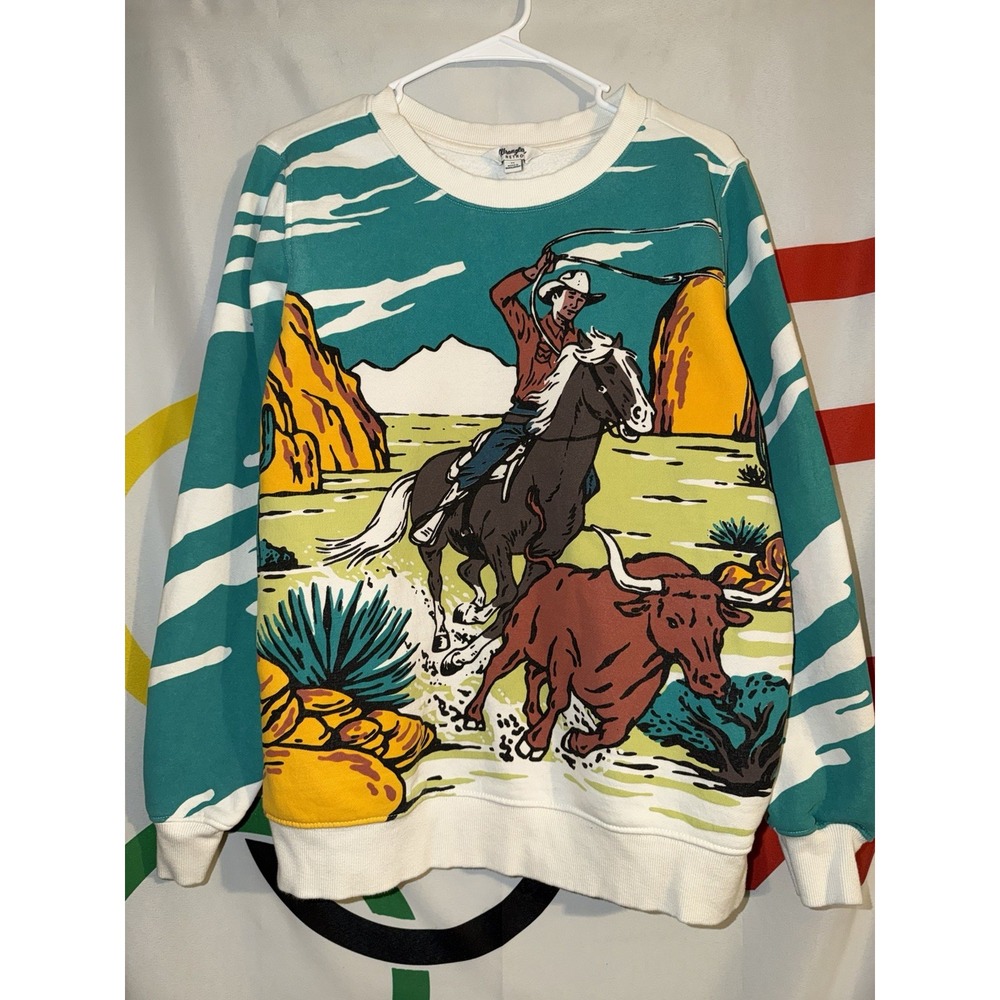 Wrangler Retro Sweatshirt Medium Cowboy Western AOP Crewneck